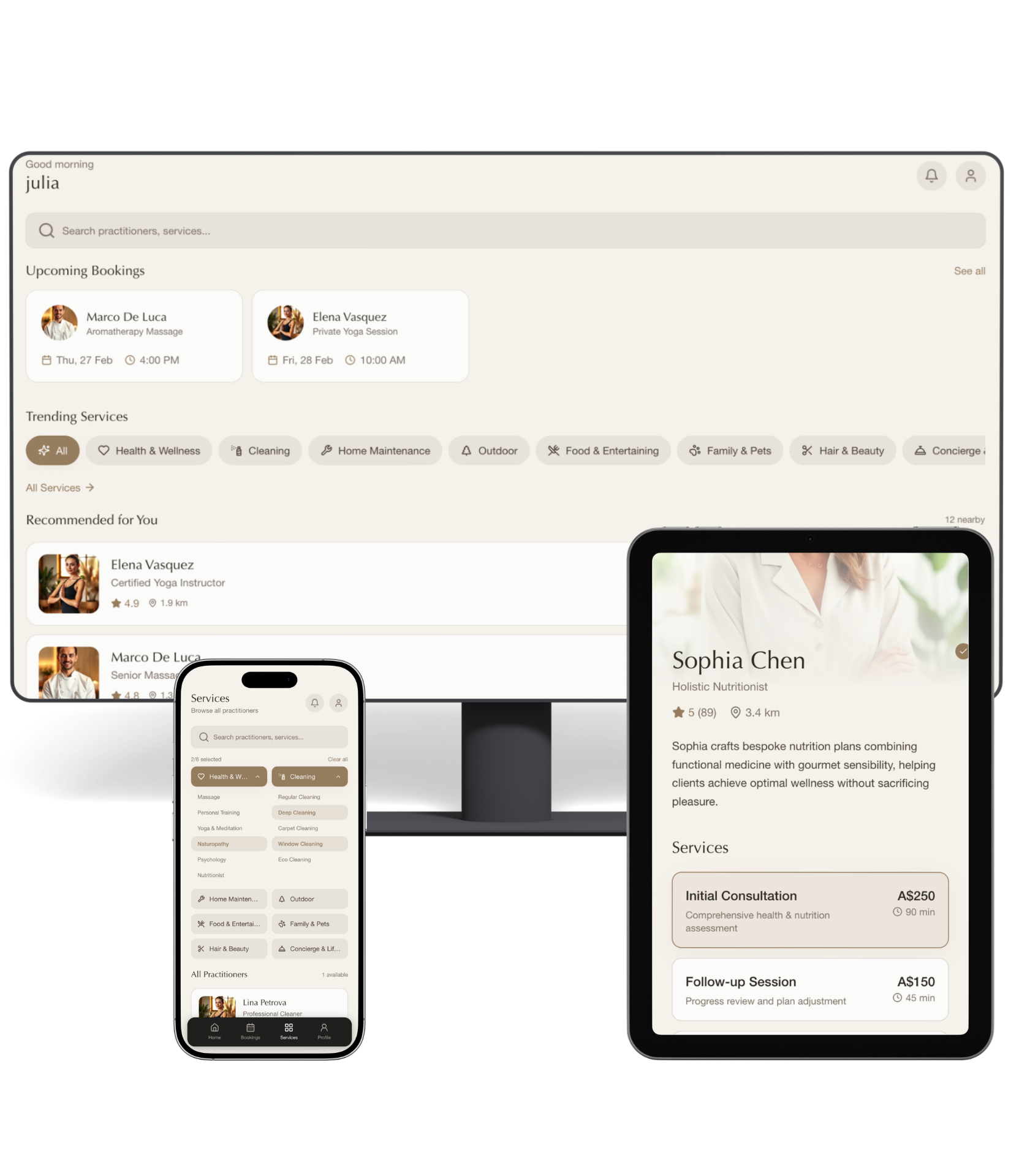Home Concierge app shown across desktop, tablet and mobile
